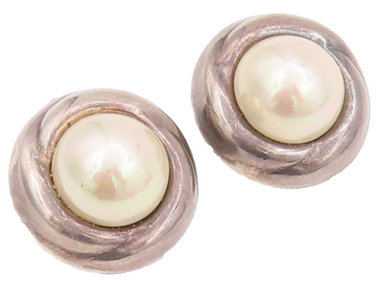 925 Sterling Silver Vintage Earrings BARRA Large Pearl Halo Carved Ring  EG12942