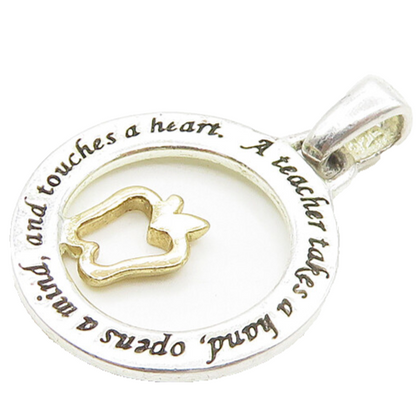 925 Sterling Silver  Vintage Shiny 2 Tone Apple Teacher Quote Pendant  PT13852