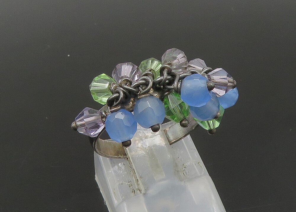 925 Sterling Silver  Vintage Beaded Cluster Dark Tone Band Ring Sz 6  RG22948