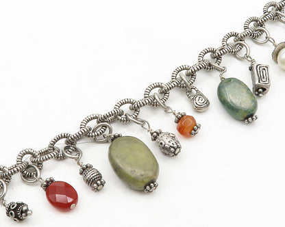 BARSE 925 Silver  Vintage Pearl Carnelian & Jasper Chain Bracelet  BT7972