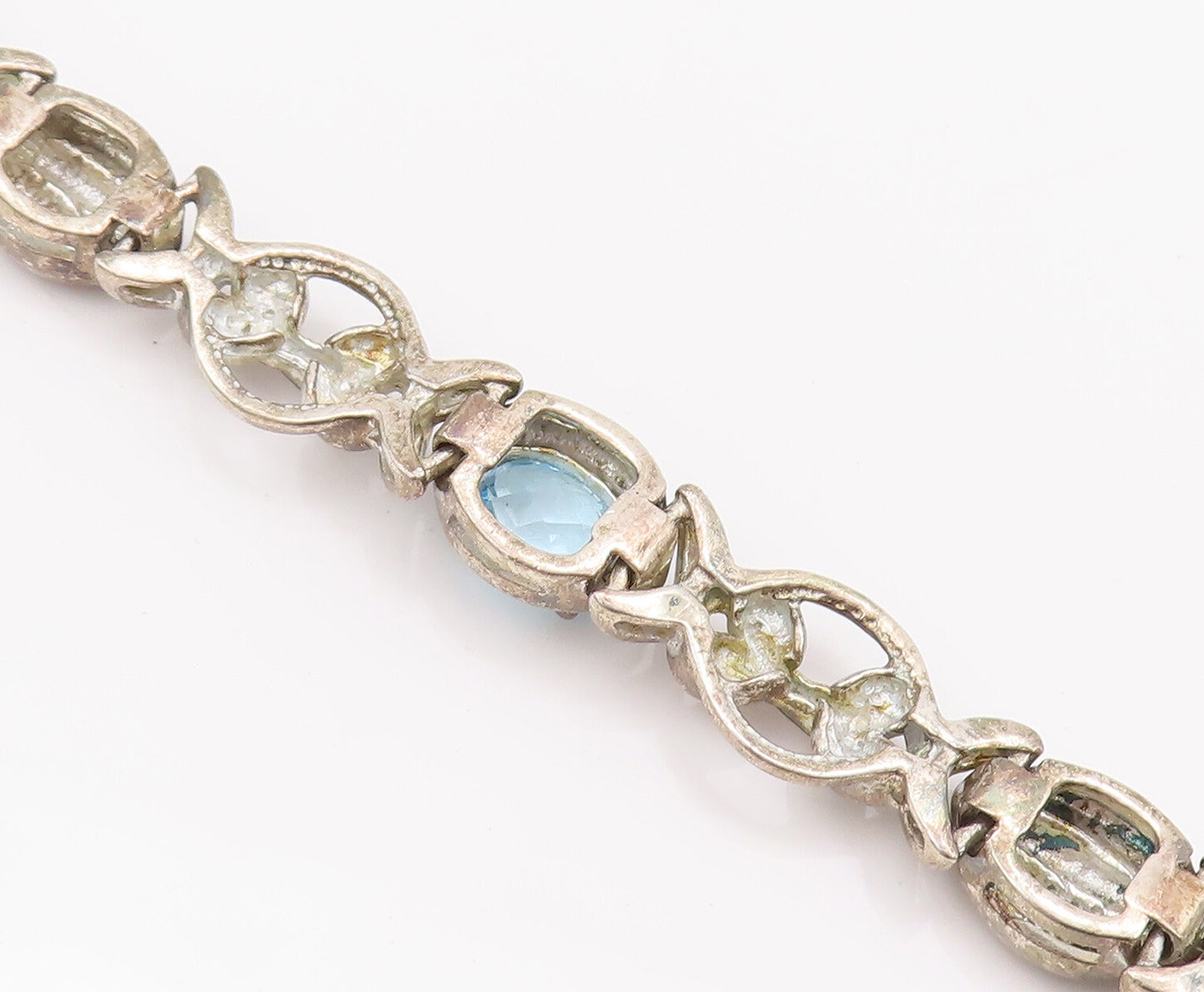 925 Sterling Silver Vintage Bracelet Blue Topaz Carved Knotted Link  BT10208