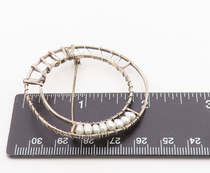 925 Sterling Silver Vintage Brooch Pin Modern Wire Wrapped Pearl Circle  BP12594