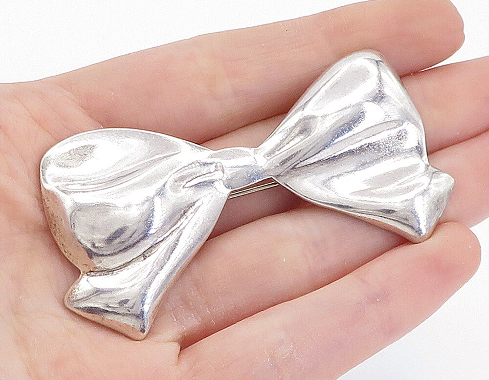 MEXICO 925 Sterling Silver  Vintage Polished Ribbon Bow Tie Brooch Pin  BP2740