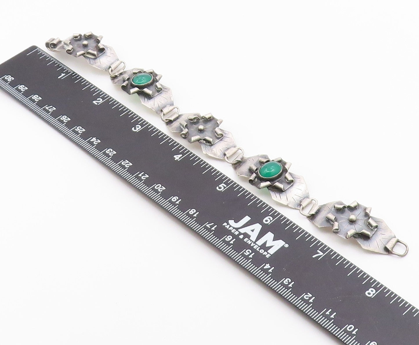 EUROPEAN 925 Silver  Vintage Green Carnelian Modernist Chain Bracelet  BT8068