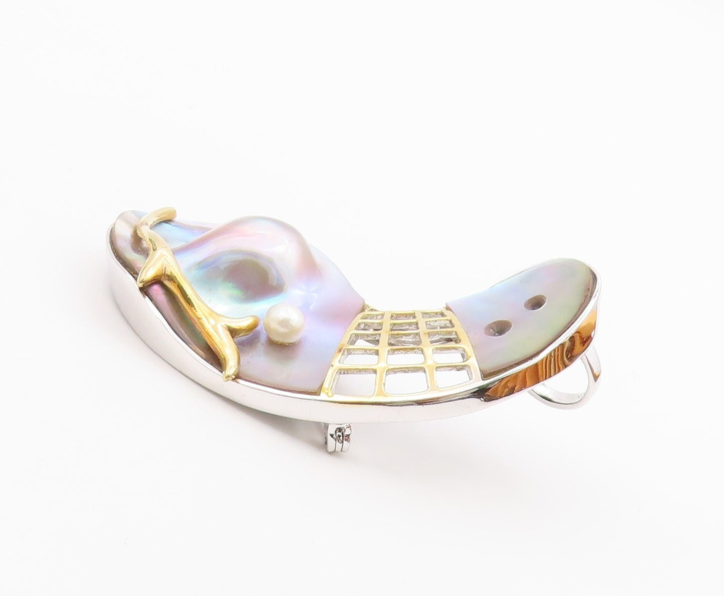 925 Silver  Vintage Two Tone Modernist MOP & Cultured Pearl Brooch Pin  BP9912