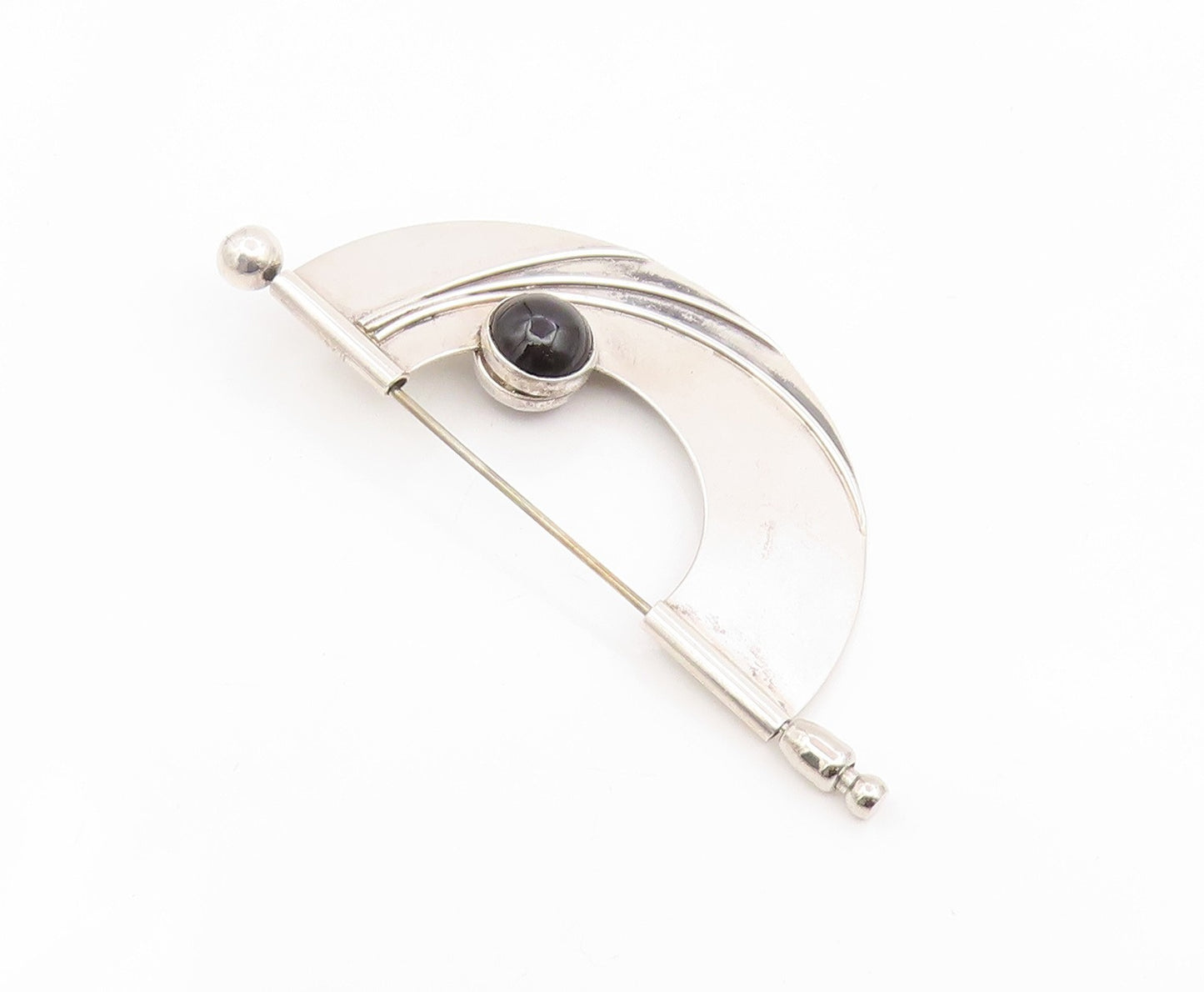 925 Sterling Silver Vintage Brooch Pin Round Cabochon Onyx & Carnelian  BP12431