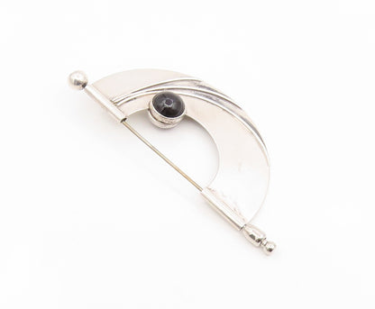 925 Sterling Silver Vintage Brooch Pin Round Cabochon Onyx & Carnelian  BP12431