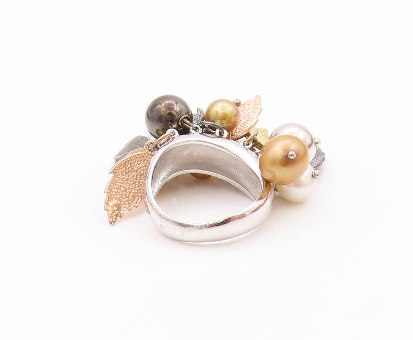 925 Sterling Silver Vintage Ring Modernist Floral Pearls & Beads  Sz 5  RG32437