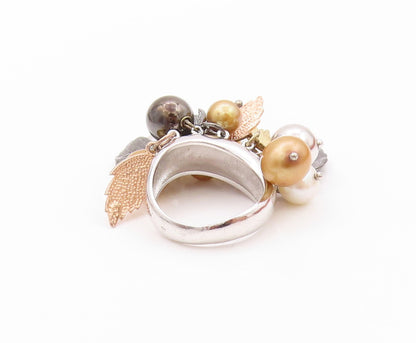 925 Sterling Silver Vintage Ring Modernist Floral Pearls & Beads  Sz 5  RG32437