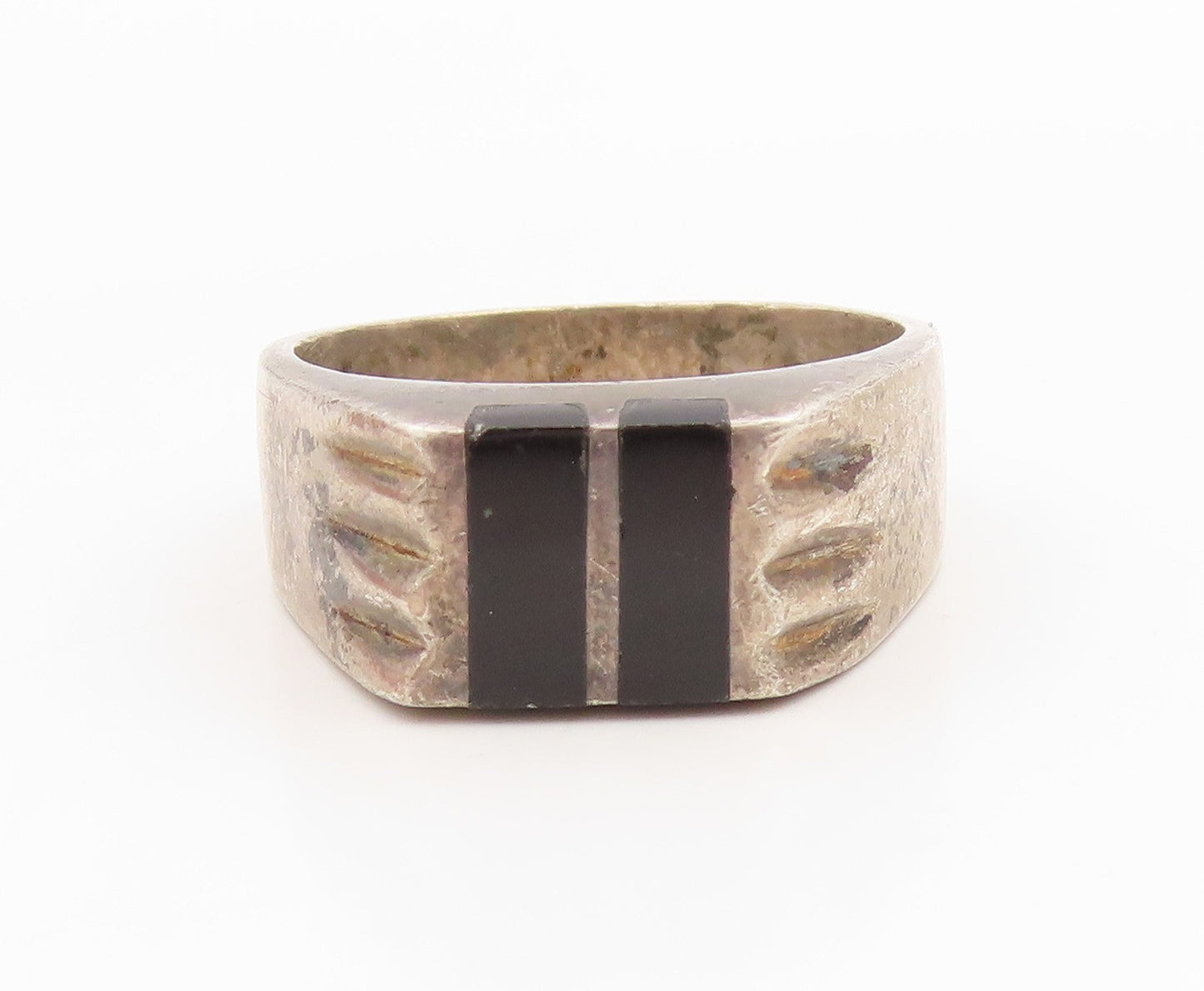 925 Sterling Silver Vintage Ring MEXICO Onyx Geometric Inlay  Sz 11.5  RG35985