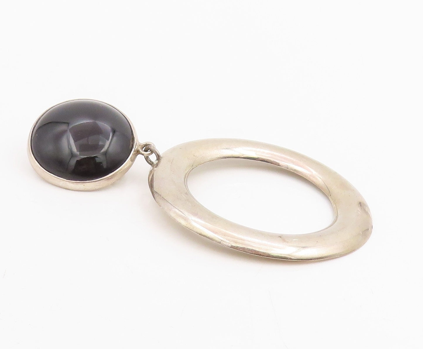 925 Sterling Silver Vintage Earrings Cabochon Onyx Large Circle Clip On  EG14078