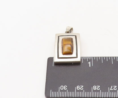 925 Sterling Silver Vintage Pendant MEXICO Etched Square Tiger's Eye  PT22431