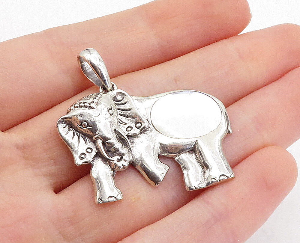 925 Sterling Silver  Vintage Mother Of Pearl Shiny Elephant Pendant  PT5770