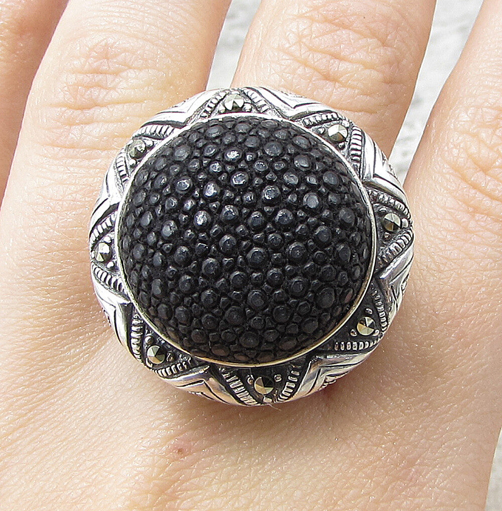 925 Sterling Silver Marcasite Crocodile Skin Leather Dome Star Ring Sz 8  RG1558