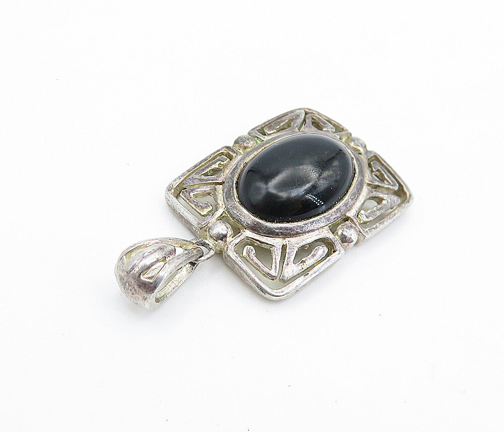 925 Sterling Silver  Vintage Cabochon Cut Black Onyx Square Pendant  PT5527