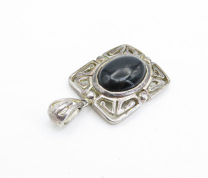 925 Sterling Silver  Vintage Cabochon Cut Black Onyx Square Pendant  PT5527