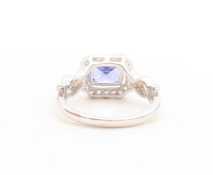925 Sterling Silver Vintage Ring Rectangle Cut Sapphire Halo CZ  Sz 7  RG31379