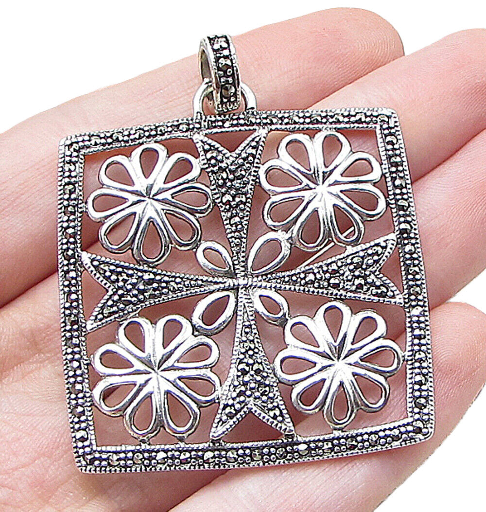 925 Sterling Silver  Marcasite Floral Art Picture Drop Pendant  PT1404