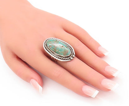 925 Sterling Silver Vintage Ring NAVAJO Oval Turquoise Halo Roped Sz 9.5 RG28610
