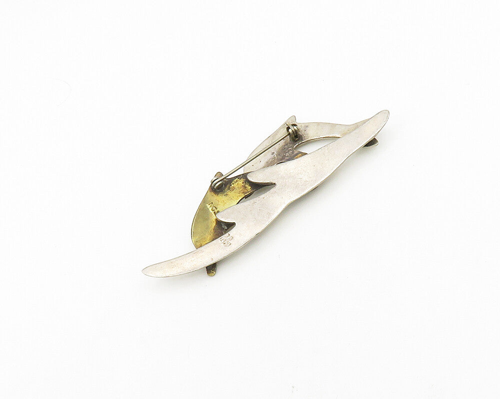 MEXICO 925 Silver  Vintage Shiny Two Tone Leaping Dolphins Brooch Pin  BP7406