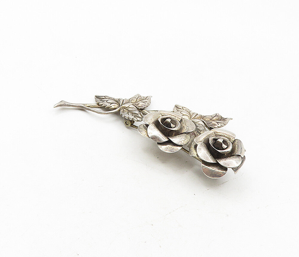 BEAU 925 Sterling Silver  Vintage Sculpted Rose Flowers Brooch Pin  BP3411
