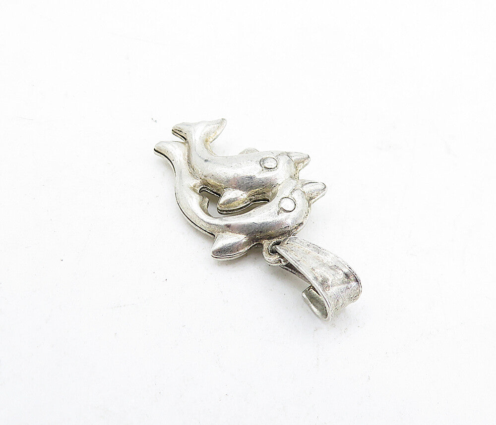 925 Sterling Silver  Vintage Petite Double Leaping Dolphin Love Pendant PT3902