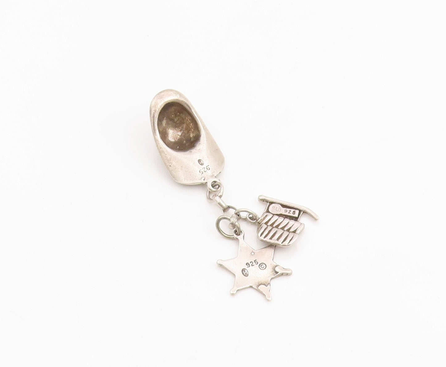 925 Sterling Silver Vintage Pendant Sheriff Badge Hat & US Flag Dangle   PT25178