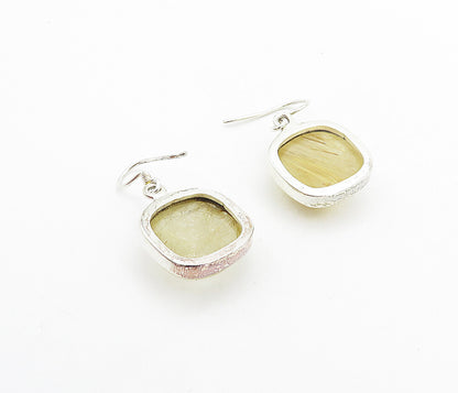 925 Sterling Silver  Vintage Cabochon Rutilated Quartz Dangle Earrings  EG3234