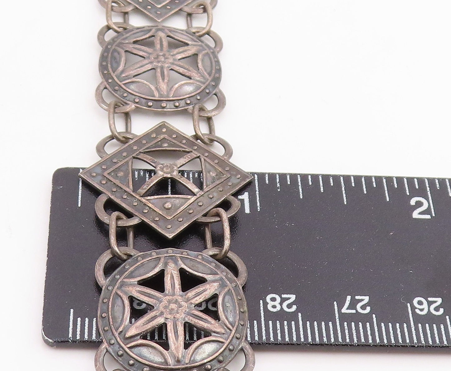 925 Sterling Silver Vintage Bracelet Etched Flower Starburst Motif Link  BT11829