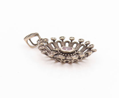925 Sterling Silver Vintage Pendant Antique Design Cutout Garnet Flower  PT24595