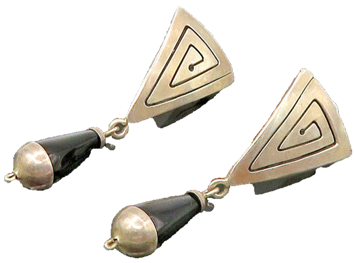 925 Sterling Silver  Vintage Black Onyx Cone Shape Dangle Earrings  EG11057