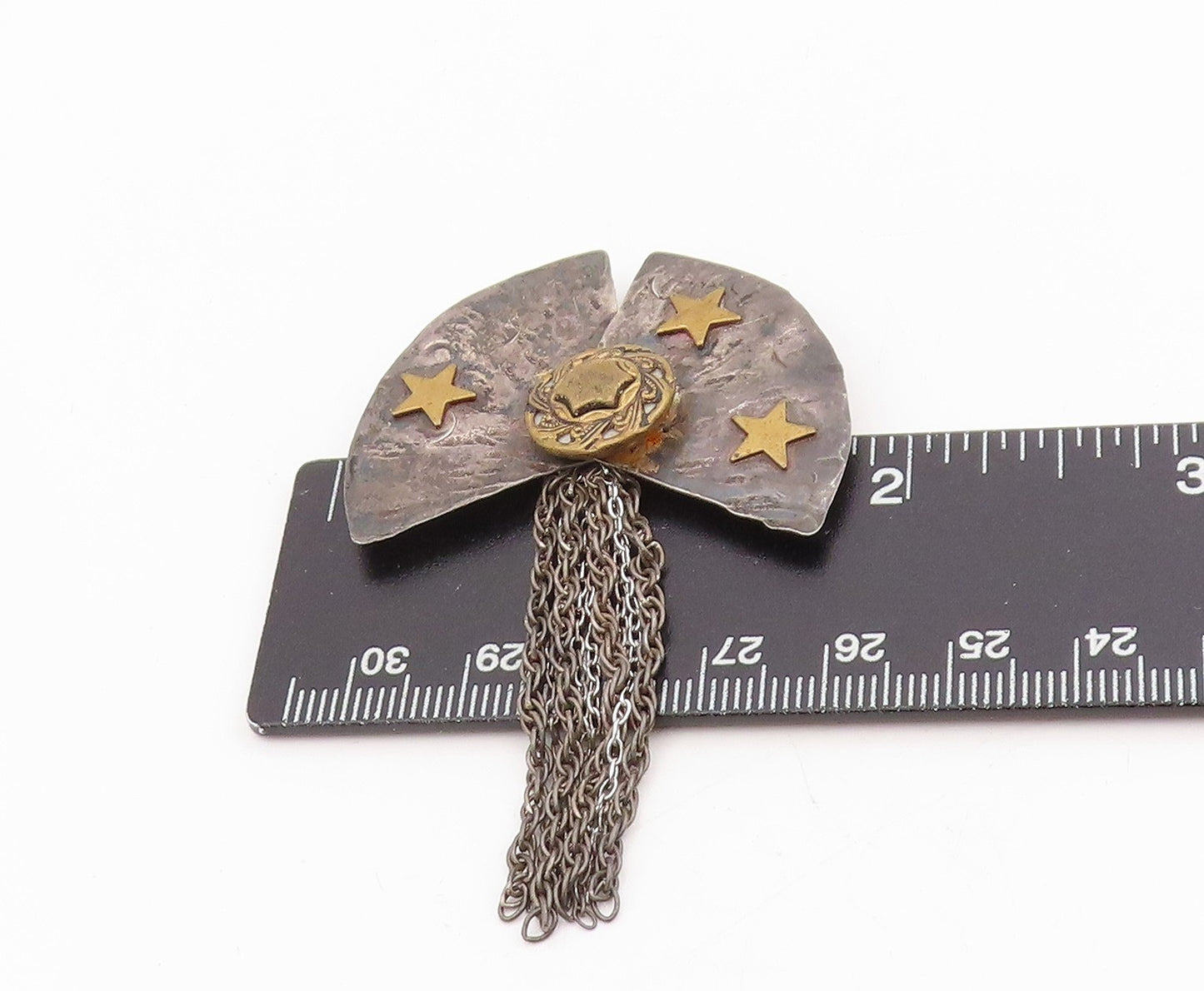 925 Sterling Silver Vintage Brooch Cosmic Fan Stars With Dangling Chain  BP12048