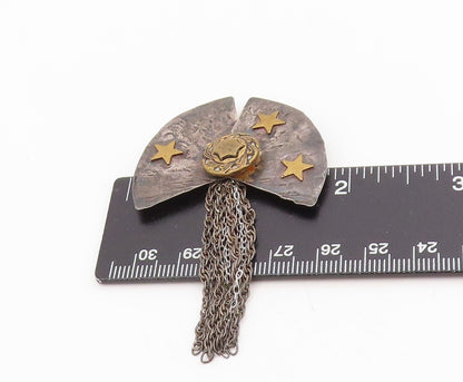 925 Sterling Silver Vintage Brooch Cosmic Fan Stars With Dangling Chain  BP12048