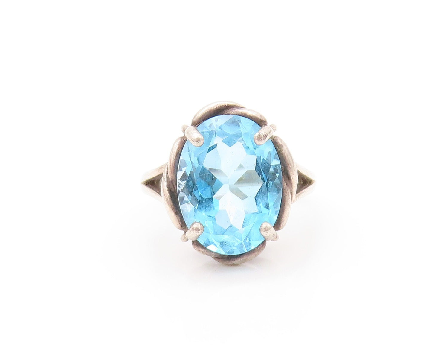 925 Sterling Silver Vintage Ring Large Oval Blue CZ Twisted Rope SZ 9  RG32127