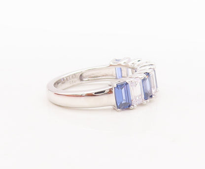 925 Sterling Silver Vintage Ring Emerald Cut Blue & White CZ Band  Sz 7  RG29548