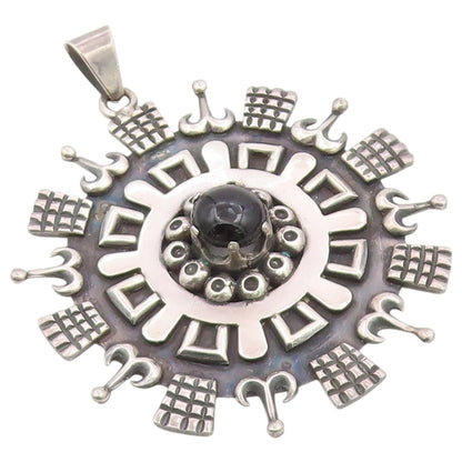 925 Sterling Silver Vintage Pendant LOS BALLESTEROS Onyx Large Aztec Sun PT26375