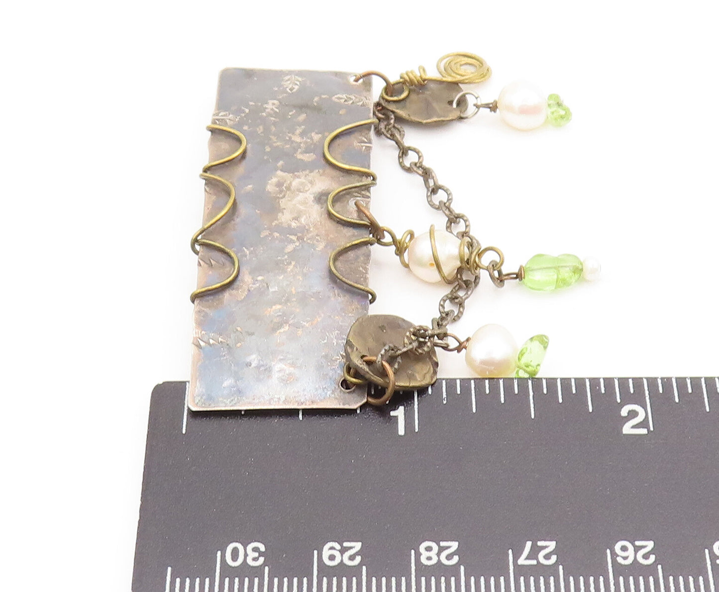 925 Sterling Silver Vintage Brooch Pin Handmake Dangling Pearls Peridot BP10584