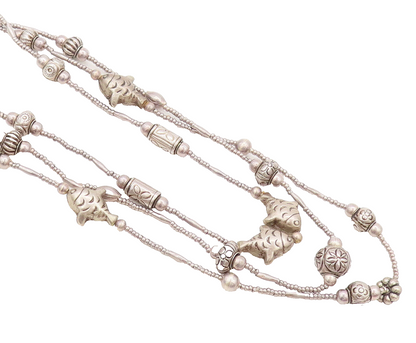 925 Sterling Silver  Vintage Etched Charm Beaded 3 Link Chain Necklace  NE4164