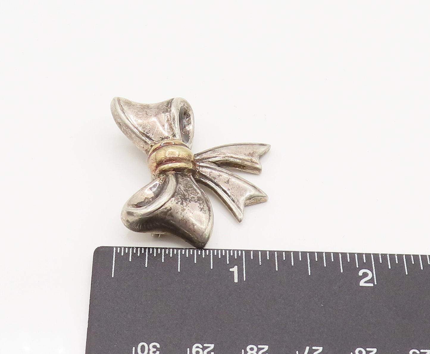 18K GOLD & 925 Silver  Vintage Two Tone Ribbon Bow Tie Brooch Pin  BP10150