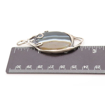 925 Sterling Silver Vintage Pendant Large Agate Modernist River Design  PT25078