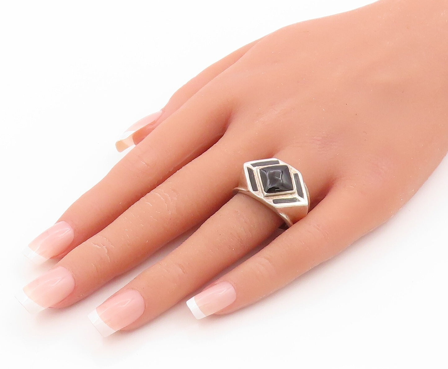 925 Sterling Silver Vintage Ring Square Halo Onyx Inlay  Sz 9.5  RG31812