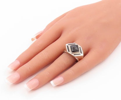 925 Sterling Silver Vintage Ring Square Halo Onyx Inlay  Sz 9.5  RG31812