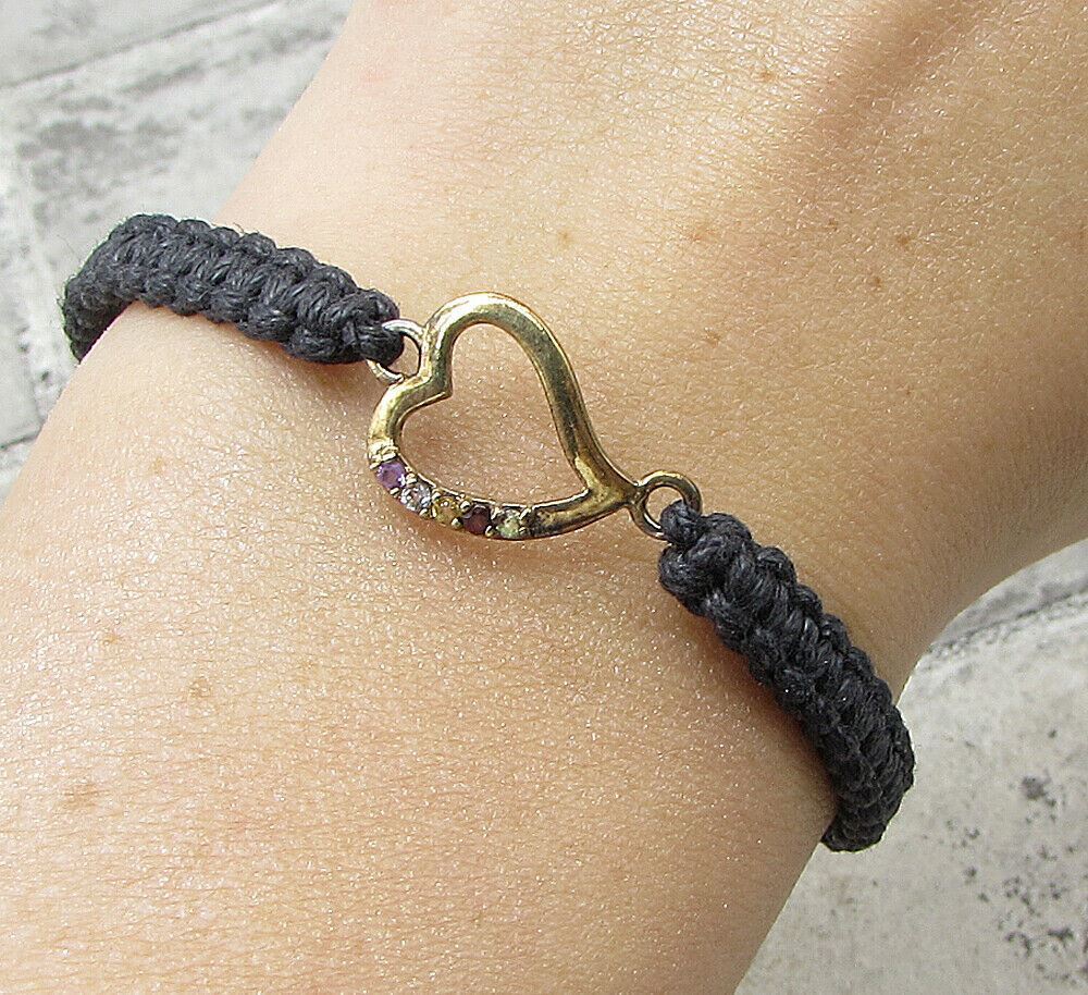 Gold Over 925 Silver  Gemstones Heart Adjustable Friendship Bracelet  BT1017
