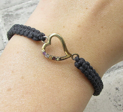 Gold Over 925 Silver  Gemstones Heart Adjustable Friendship Bracelet  BT1017