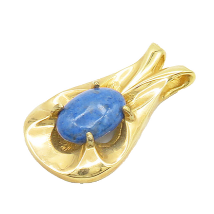 925 Sterling Silver   Vintage Lapis Lazuli Shiny Gold Plated Pendant  PT15569