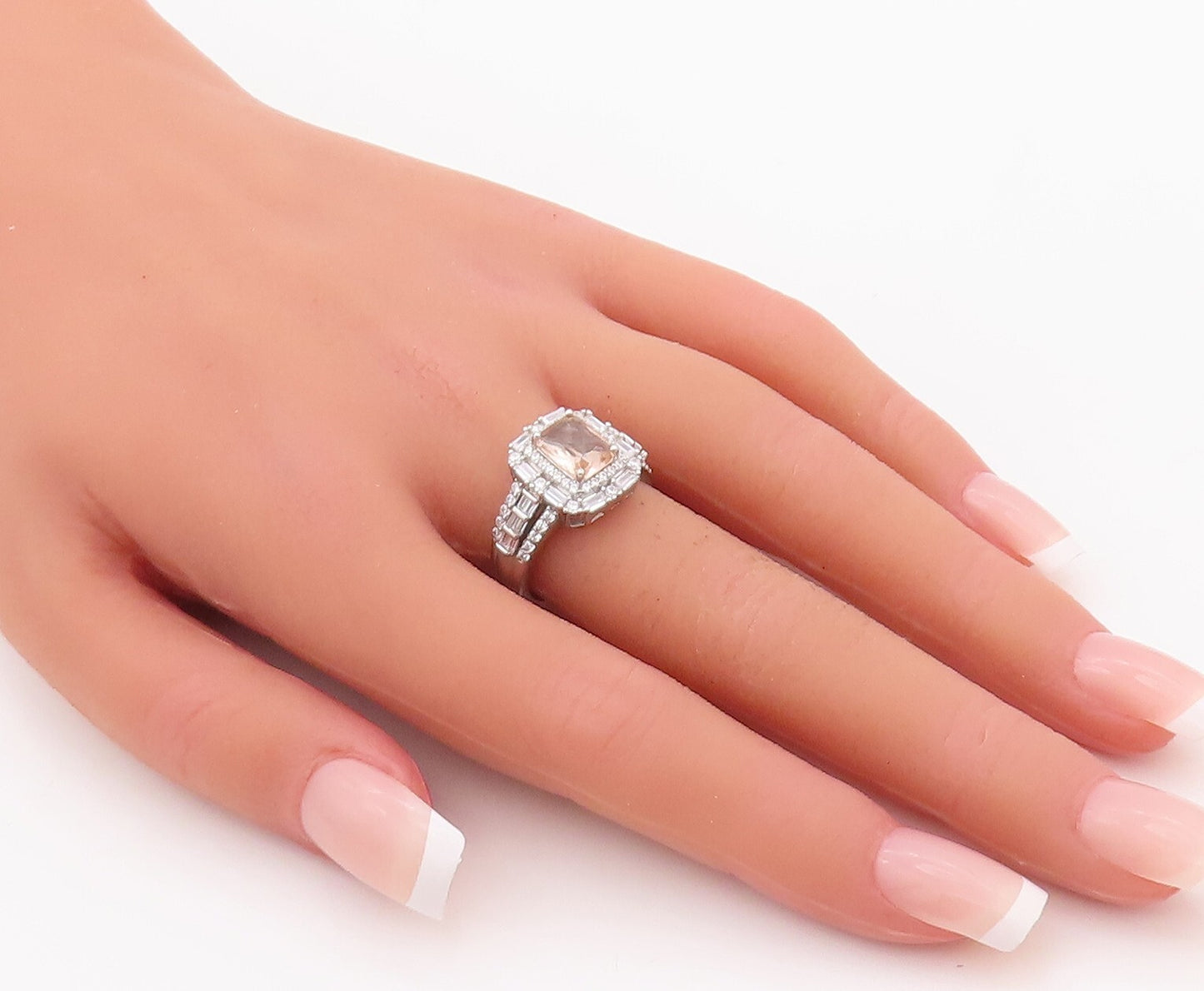 925 Sterling Silver Vintage Ring Rectangle Cut Morganite & CZ  Sz 7  RG29894