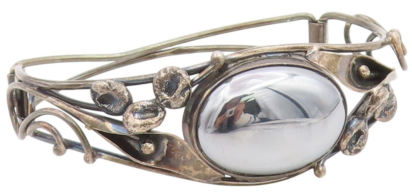 925 Sterling Silver Vintage Bracelet POLAND Hematite Floral Bangle  BT11841