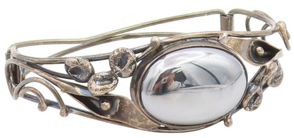 925 Sterling Silver Vintage Bracelet POLAND Hematite Floral Bangle  BT11841
