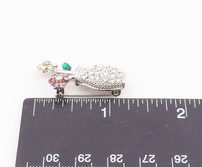 925 Sterling Silver  Sparkling Cubic Zirconia Flower Vase Brooch Pin  BP6494