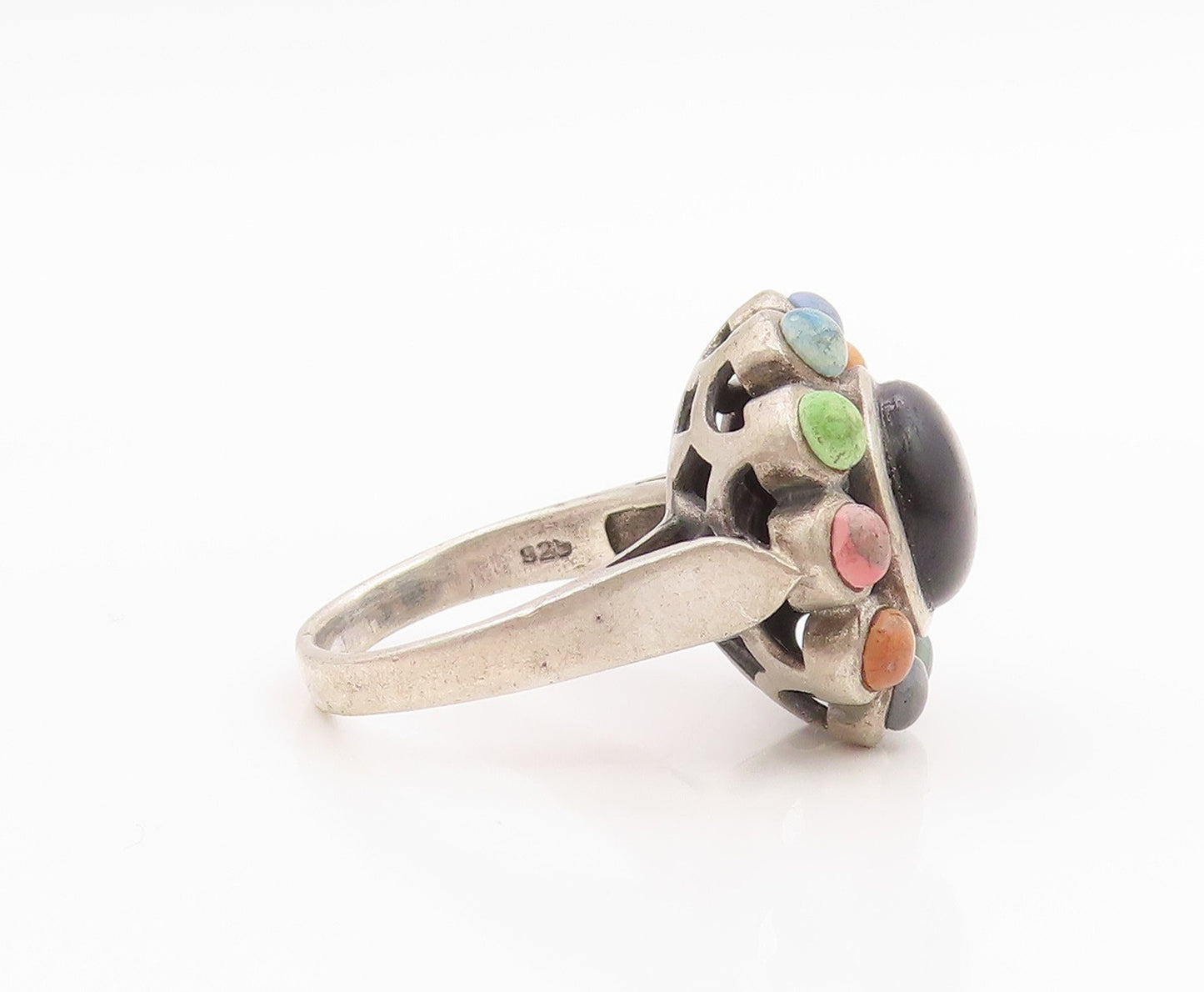 925 Sterling Silver Vintage Ring Onyx & Gemstone Flower Band  Sz 7.5  RG35741